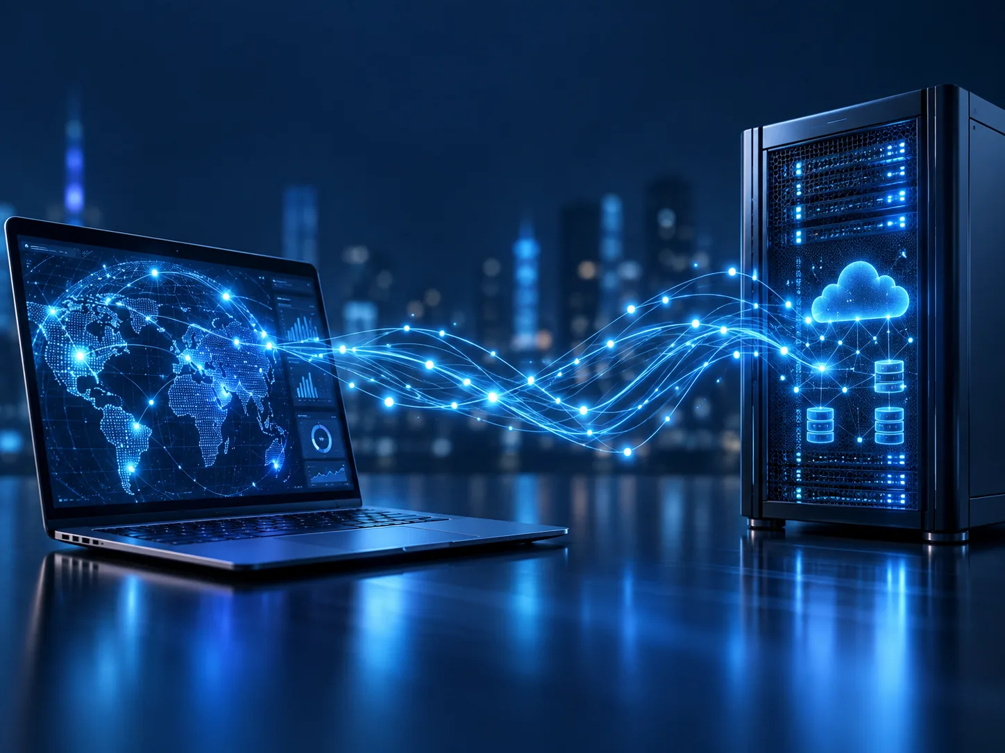 Connected business systems and data flows displayed on a laptop