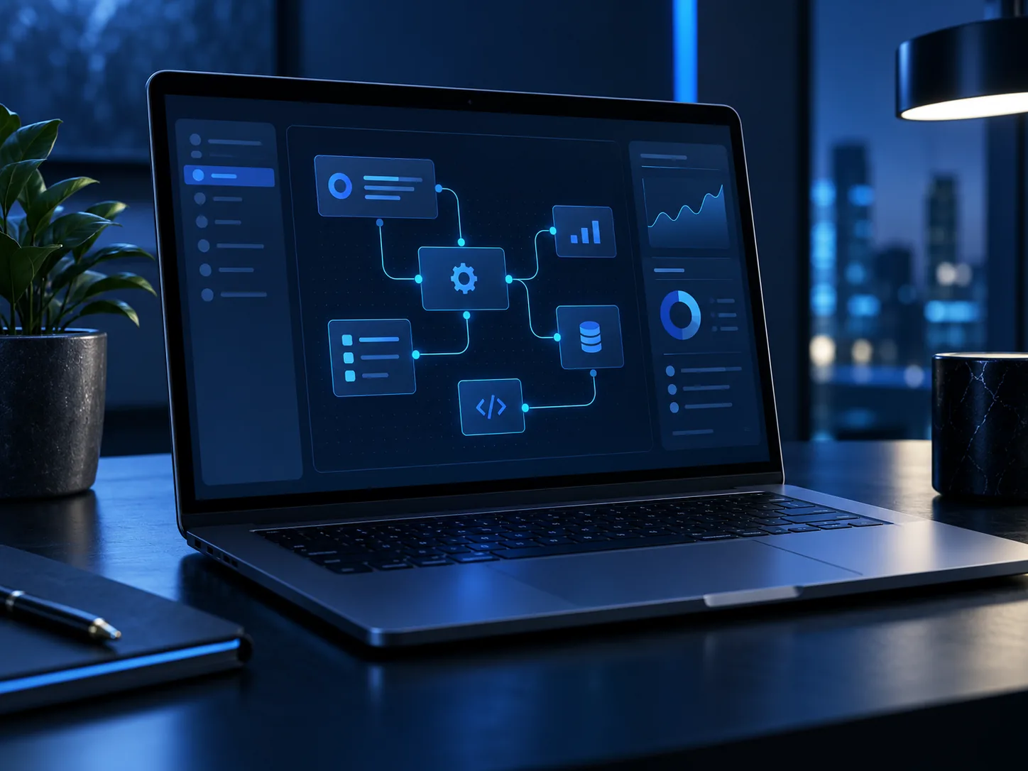Bespoke business software workflow and reporting dashboard displayed on a laptop