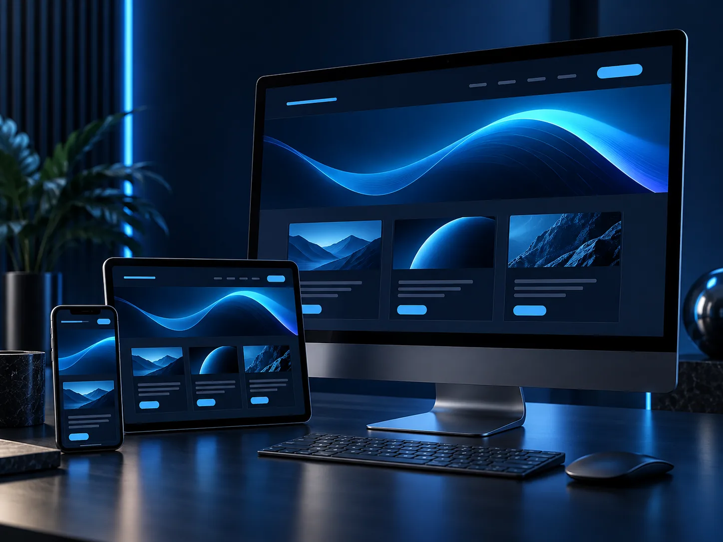 Modern responsive content management website displayed across desktop, tablet and mobile devices