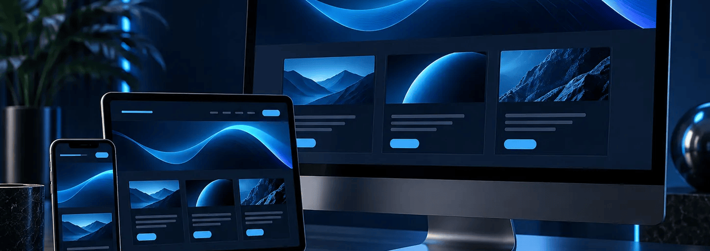 Responsive website layouts shown on desktop, tablet and mobile screens