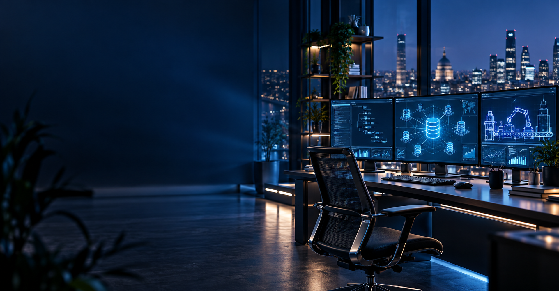 Modern software development workstation displaying databases and industrial automation systems